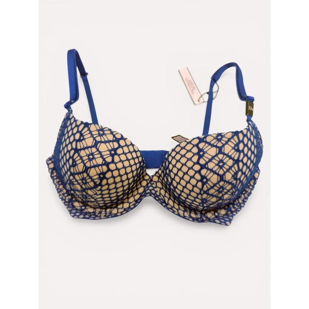 Victoria's Secret Very Sexy Plunge Bra 32D Blue NWT Honeycomb‎ Lace Underwire
